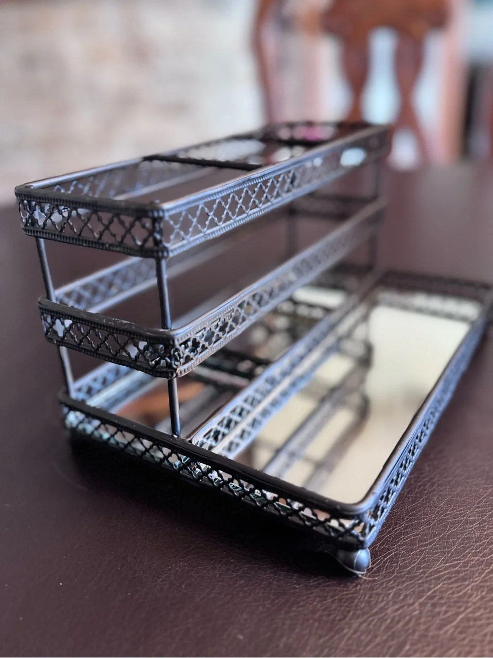 Two-Tier Black Metal Jewelry/Makeup Organizer with Mirrored Tray